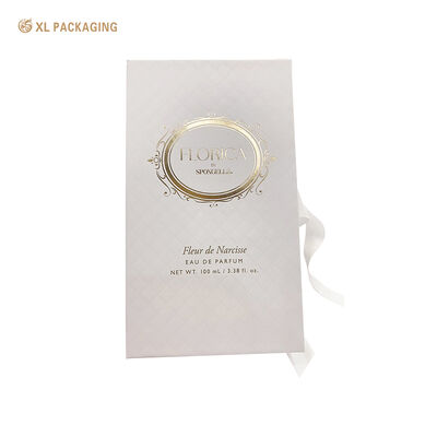 買う Book Shape Perfume Gift Box with White Ribbon, Embossed & Hot Stamping Gold Luxury Fragrance Packaging Box オンライン製造